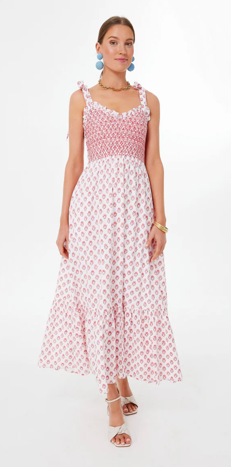Pink City Prints Rose Meadow Red Block Jessica Maxi Dress Smocked Tuckernuck M